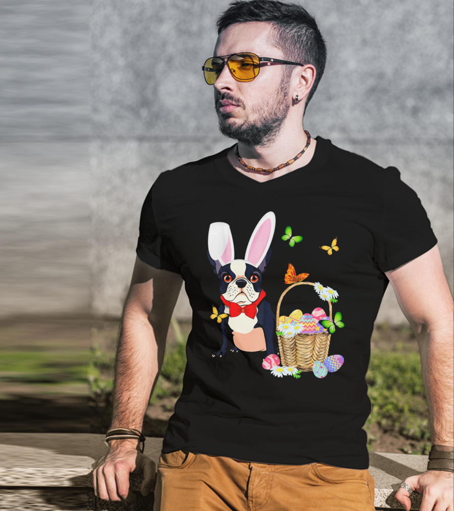 French Bulldog Bunny Hat Rabbit Easter Basket Eggs Butterflies T-Shirt