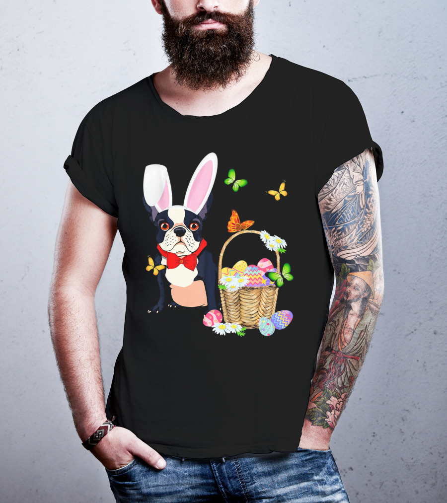 French Bulldog Bunny Hat Rabbit Easter Basket Eggs Butterflies T-Shirt