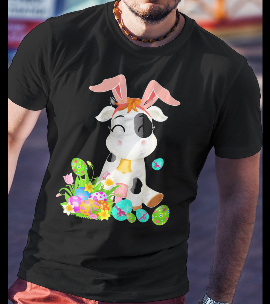 Happy Cow Easter Bunny With Colorful Eggs And Flowers T-Shirt