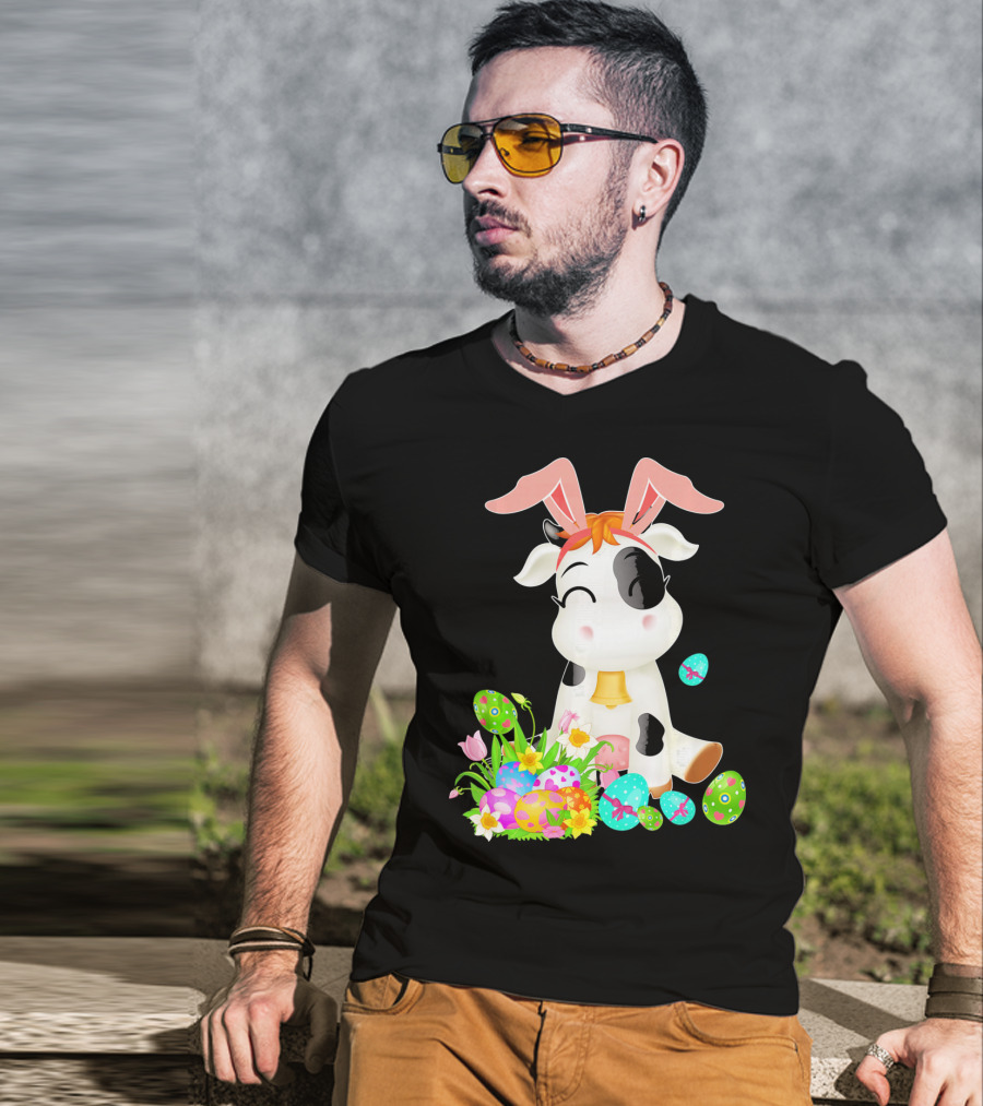 Happy Cow Easter Bunny With Colorful Eggs And Flowers T-Shirt