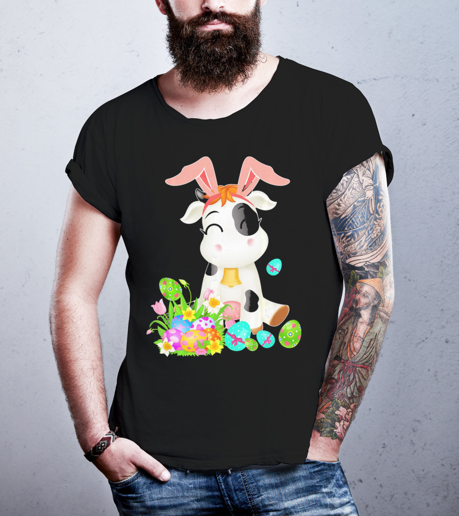 Happy Cow Easter Bunny With Colorful Eggs And Flowers T-Shirt