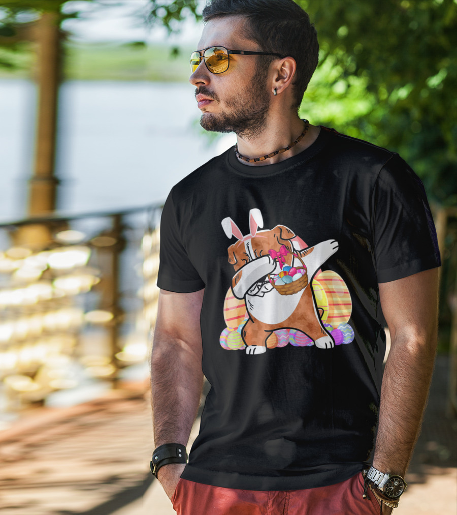 Bernese Mountain Dog Dabbing With Easter Bunny Ears And Eggs Basket T-Shirt