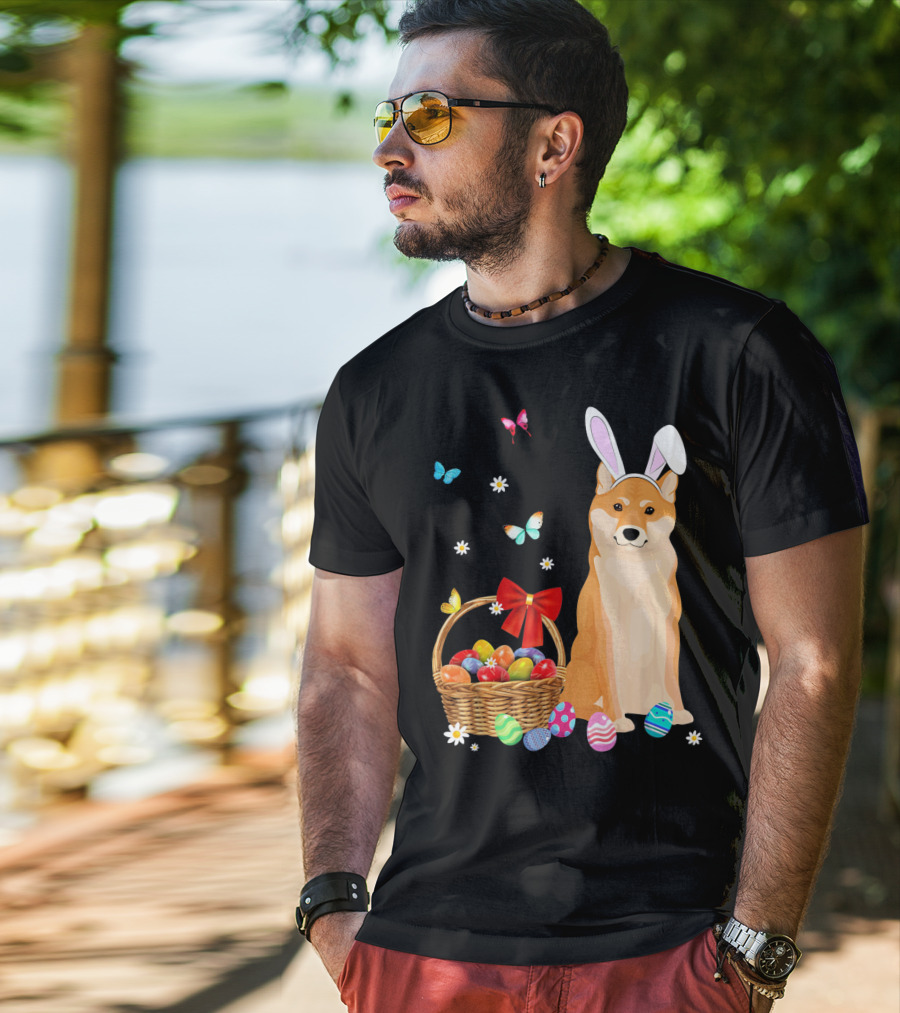 Shiba Inu Bunny Ear Rabbit Easter Eggs Basket Butterflies Flowers T-Shirt