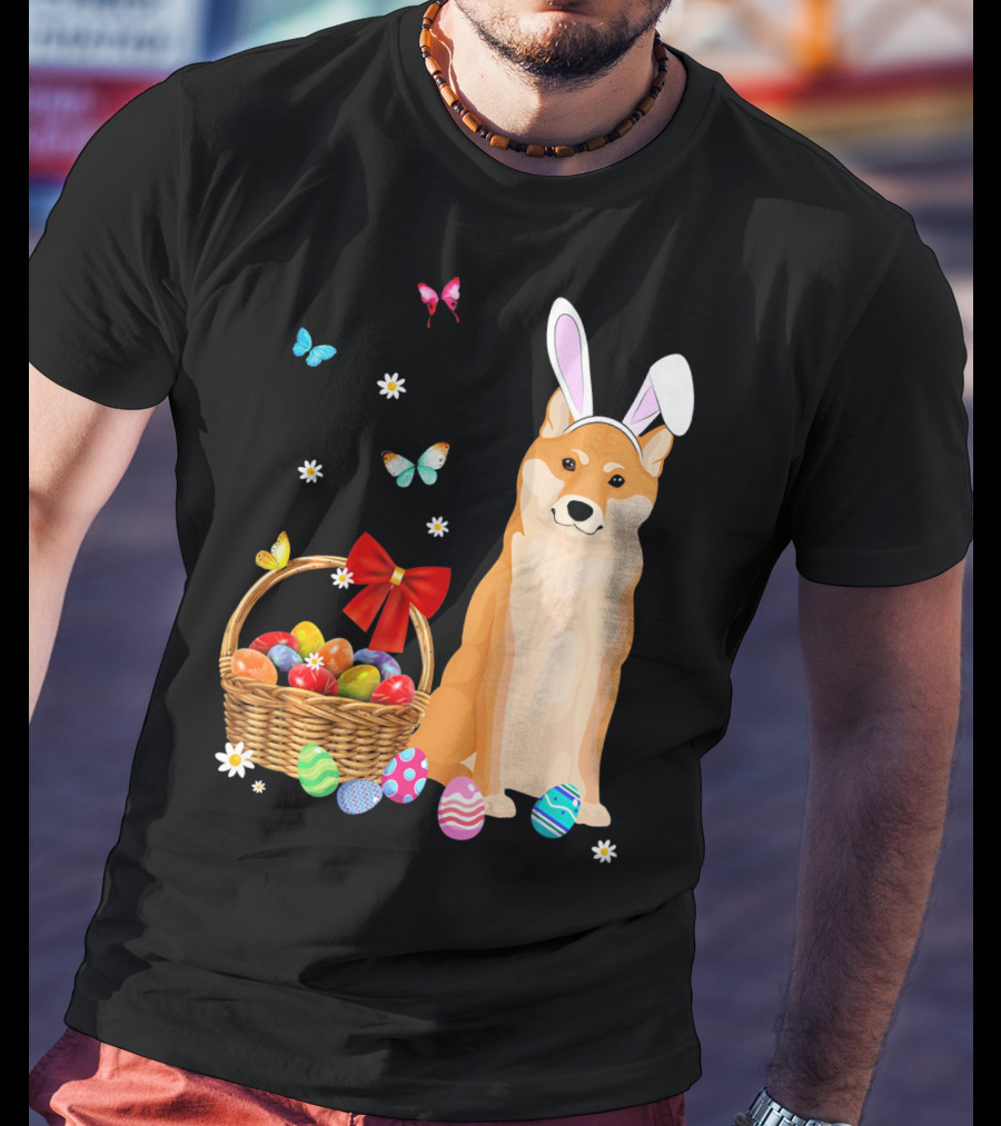 Shiba Inu Bunny Ear Rabbit Easter Eggs Basket Butterflies Flowers T-Shirt