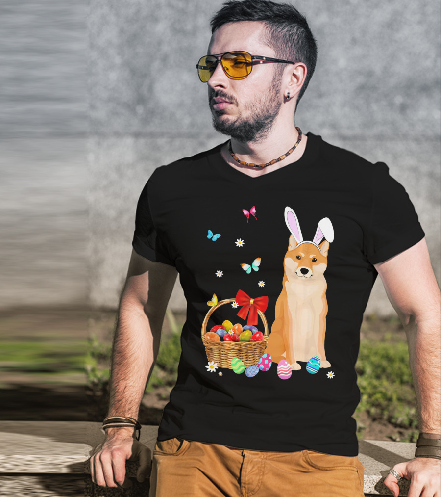 Shiba Inu Bunny Ear Rabbit Easter Eggs Basket Butterflies Flowers T-Shirt
