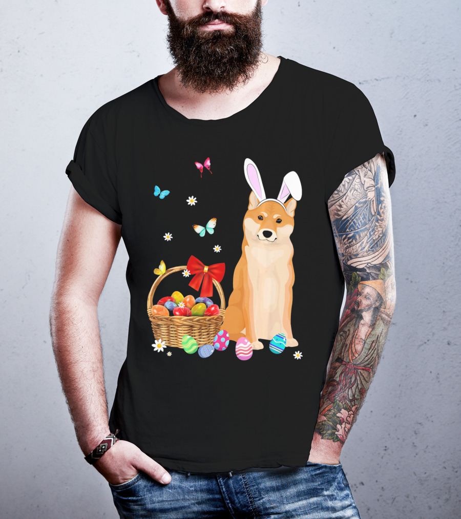 Shiba Inu Bunny Ear Rabbit Easter Eggs Basket Butterflies Flowers T-Shirt