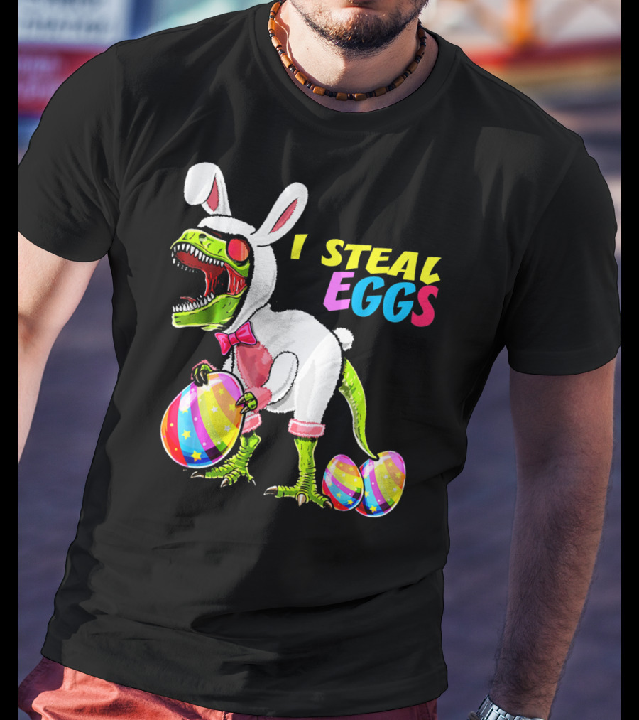 I Steal Easter Eggs Dinosaur Rex Bunny In Costume Holding Colorful Striped Eggs T-Shirt