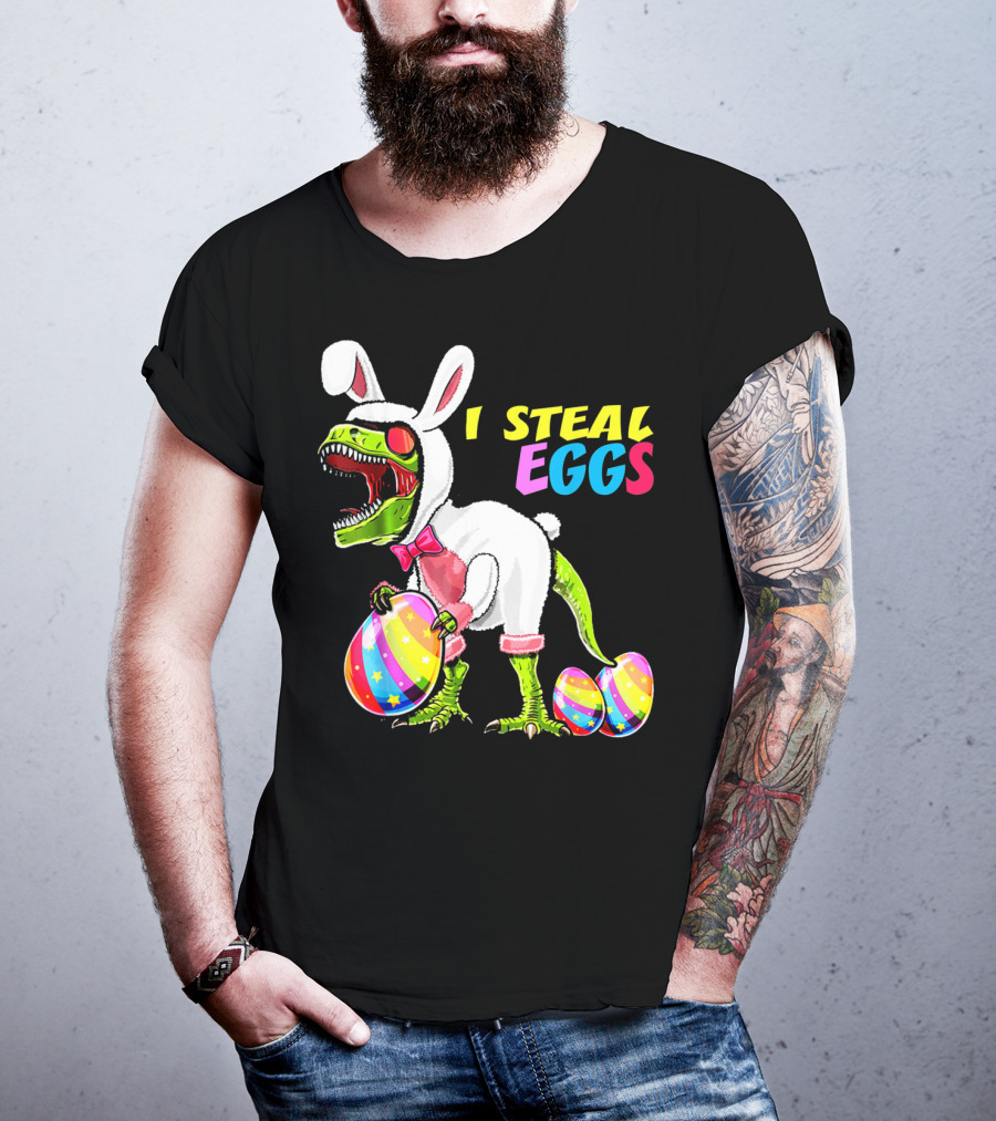 I Steal Easter Eggs Dinosaur Rex Bunny In Costume Holding Colorful Striped Eggs T-Shirt