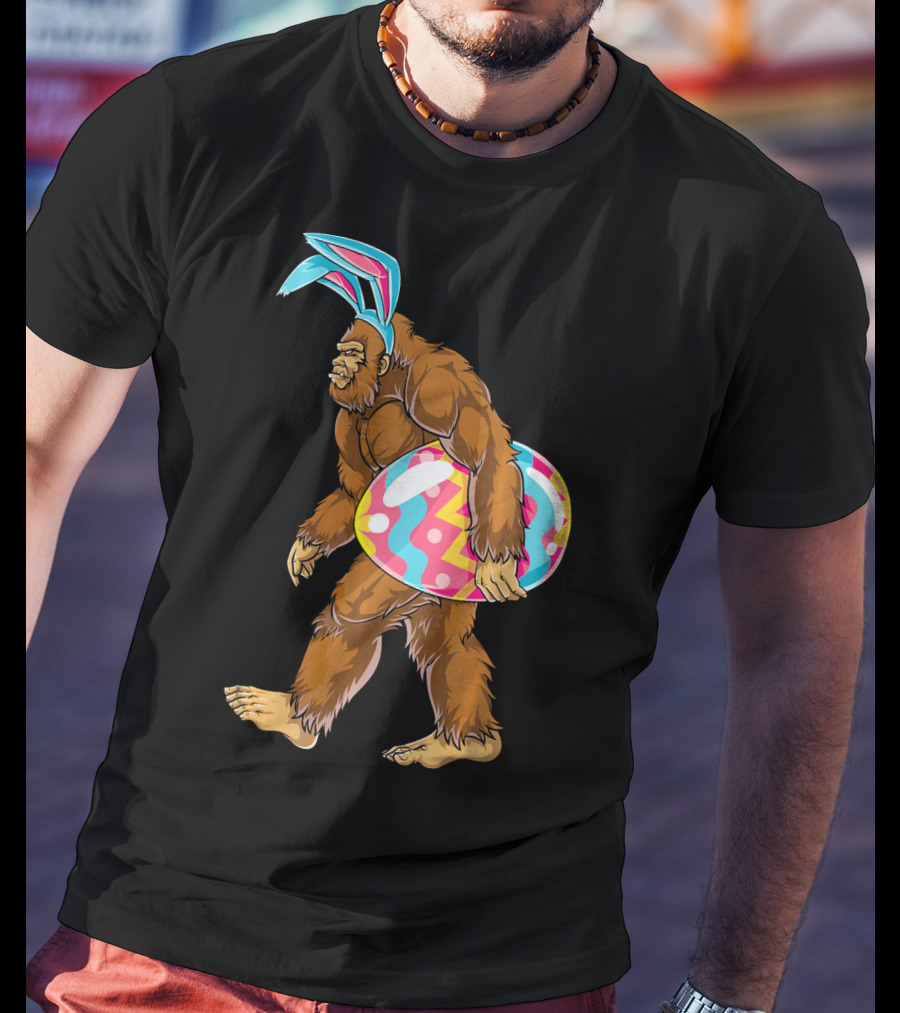 Bigfoot Sasquatch With Easter Bunny Ears And Egg T-Shirt