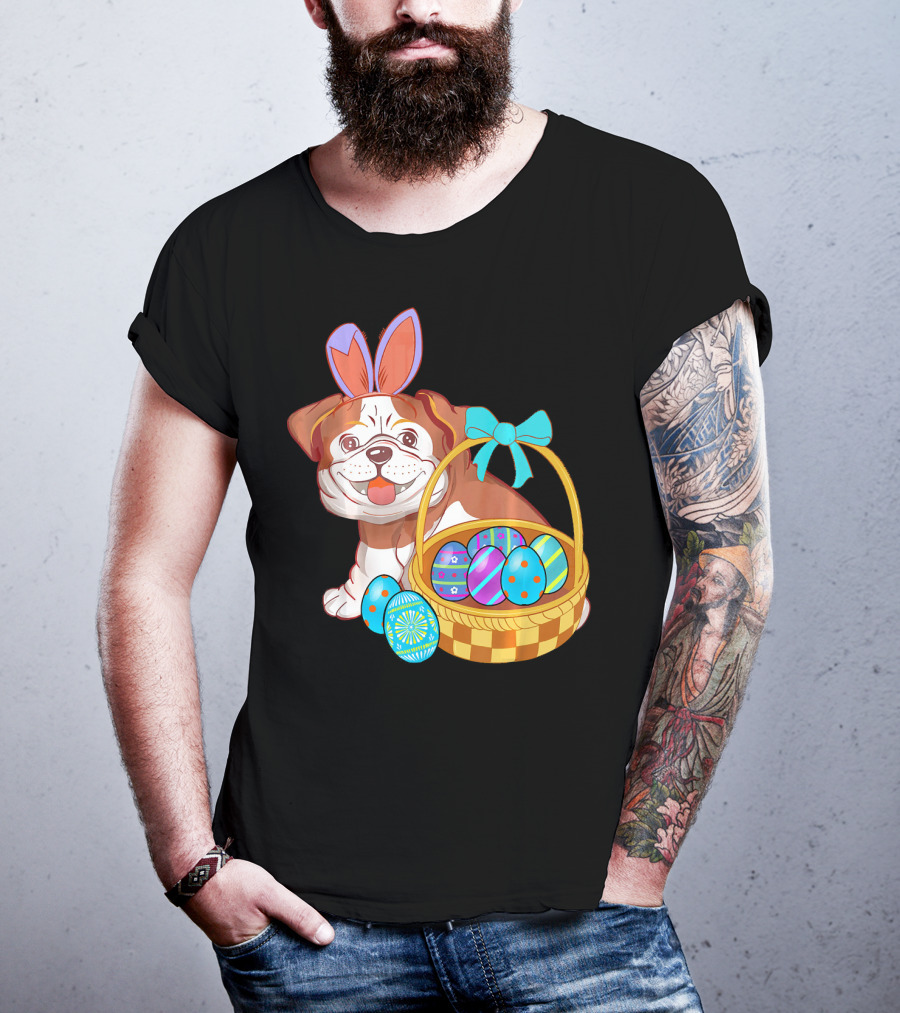 Easter Bulldog Holiday Bunny Ears With Easter Egg Basket T-Shirt