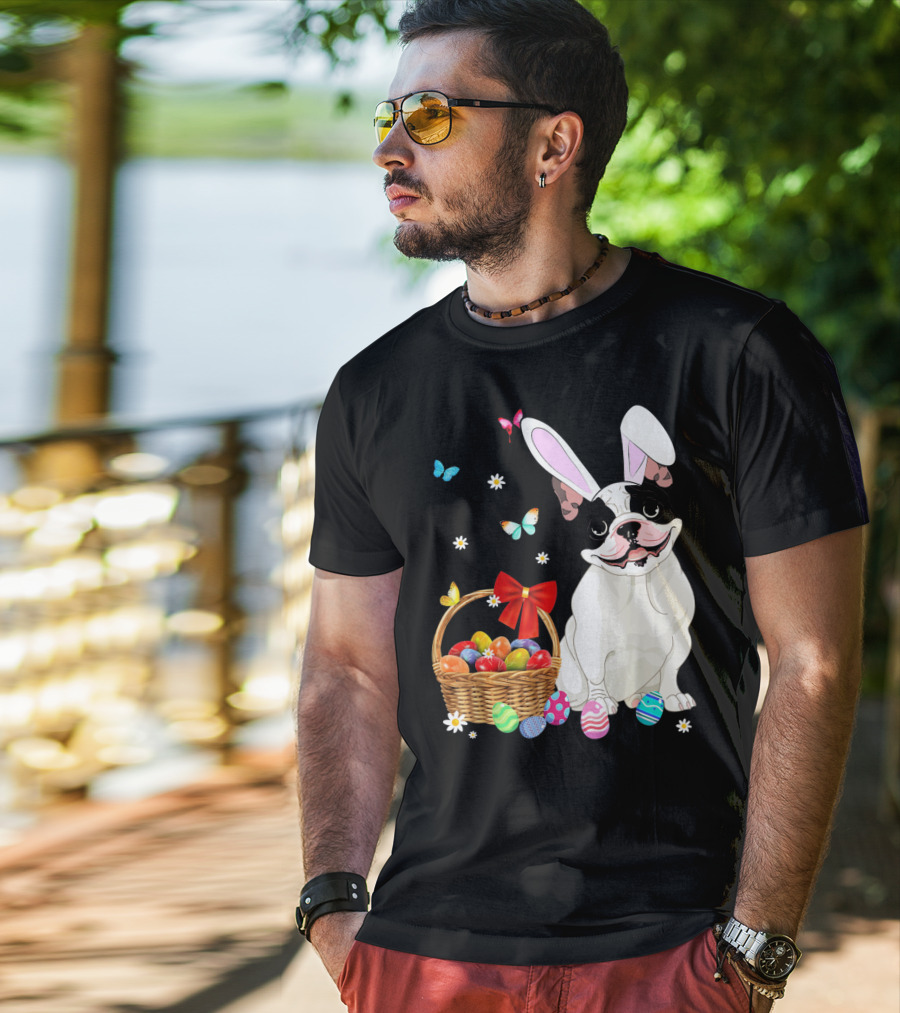 French Bulldog With Bunny Ears And Easter Egg Basket With Butterflies And Flowers T-Shirt