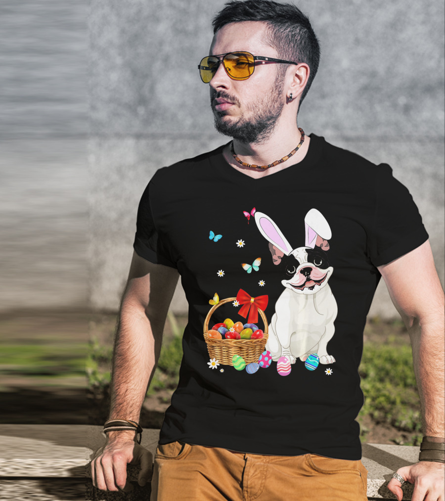 French Bulldog With Bunny Ears And Easter Egg Basket With Butterflies And Flowers T-Shirt