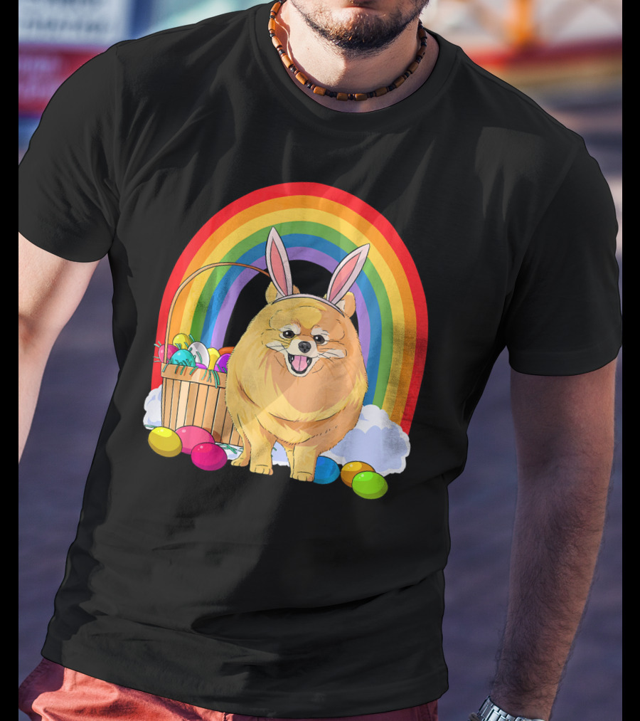 Easter Eggs Pomeranian Bunny Dog Rainbow Basket T-Shirt
