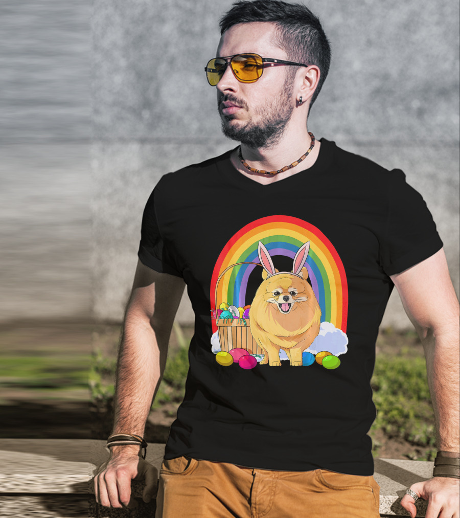 Easter Eggs Pomeranian Bunny Dog Rainbow Basket T-Shirt
