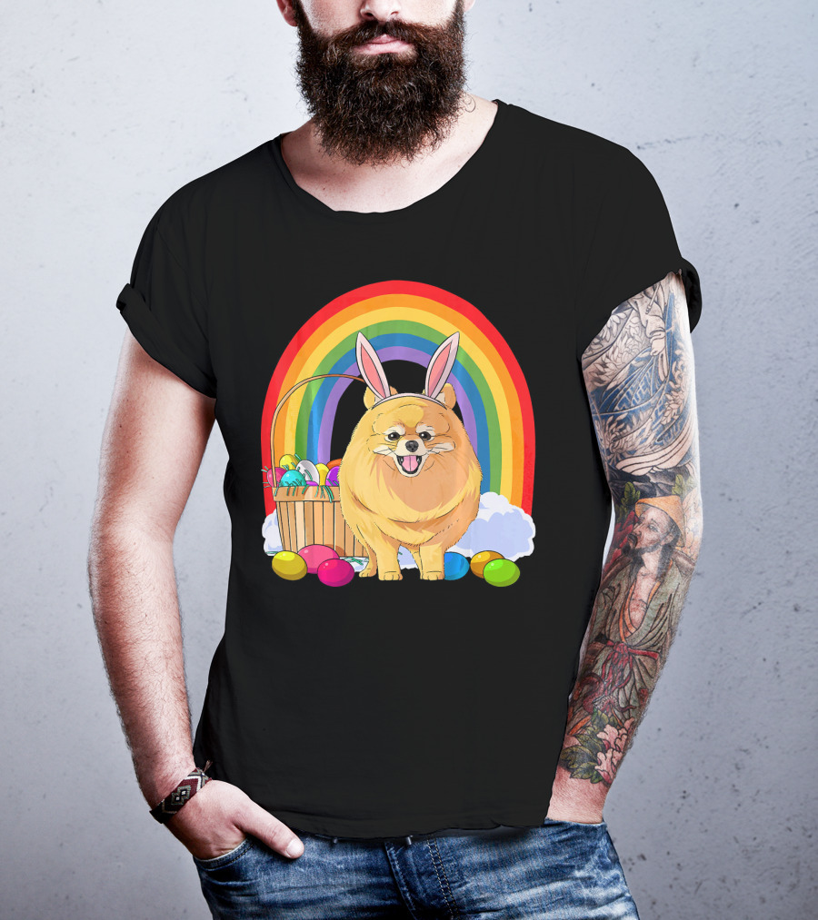 Easter Eggs Pomeranian Bunny Dog Rainbow Basket T-Shirt