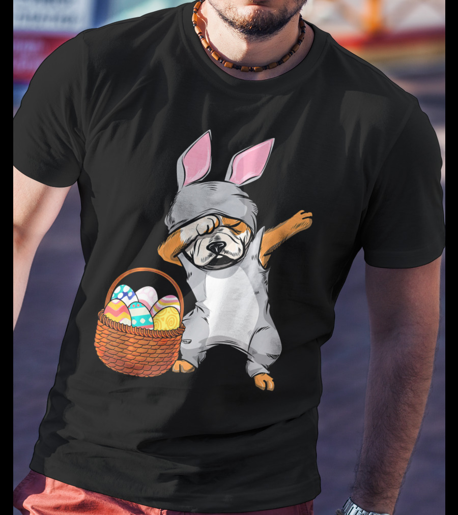 Dabbing Easter Bunny English Bulldog With Basket Of Eggs T-Shirt