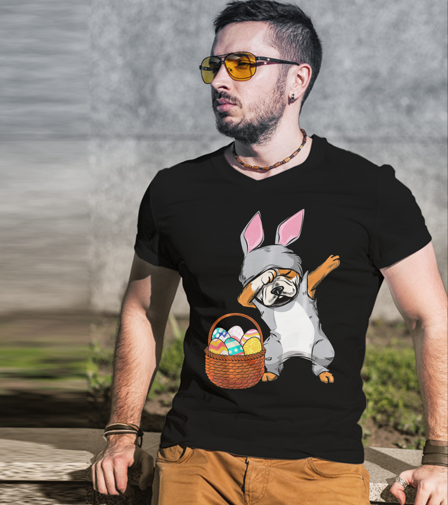 Dabbing Easter Bunny English Bulldog With Basket Of Eggs T-Shirt