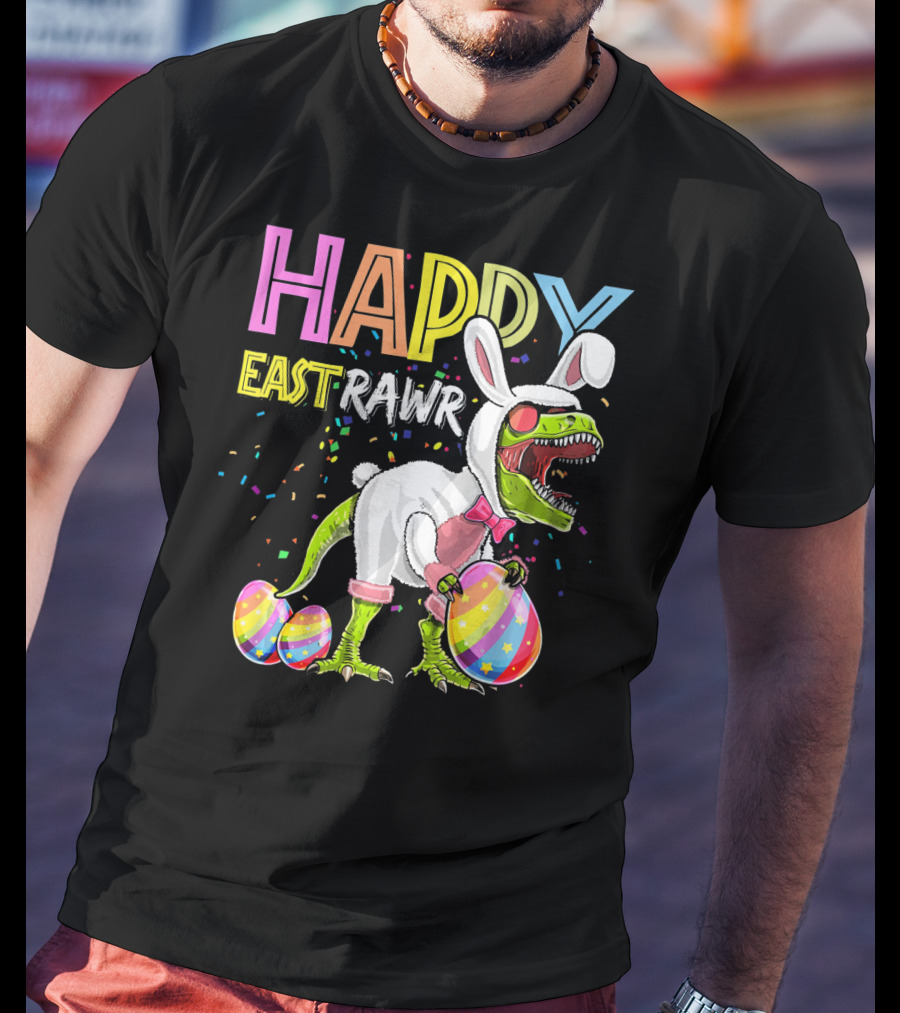 Happy Eastrawr Dinosaur Bunny With Eggs And Confetti T-Shirt