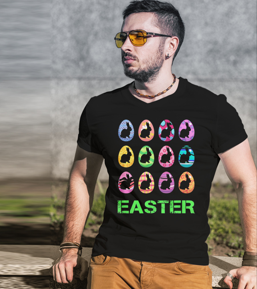Easter Bunny Rabbit Egg Silhouettes With Colorful T-Shirt