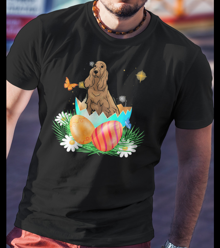 Easter Day Cocker Spaniel In Egg With Butterflies And Daisies T-Shirt