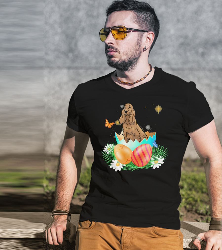 Easter Day Cocker Spaniel In Egg With Butterflies And Daisies T-Shirt
