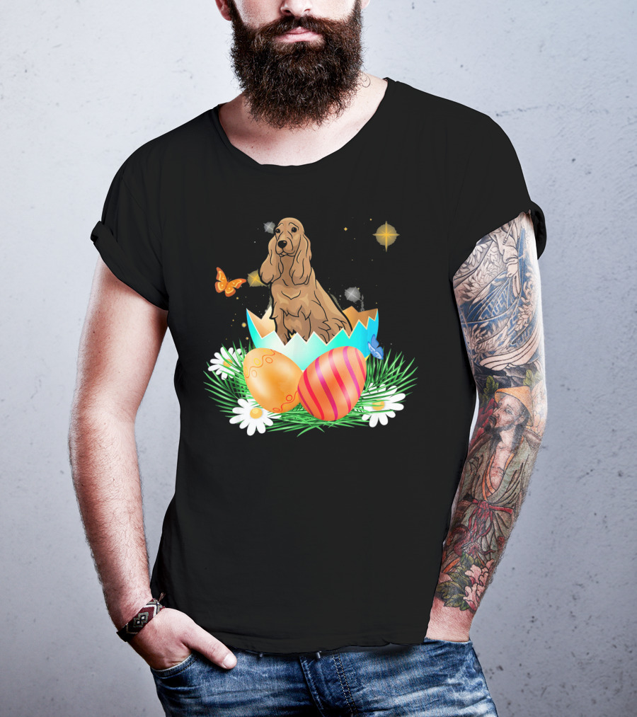 Easter Day Cocker Spaniel In Egg With Butterflies And Daisies T-Shirt