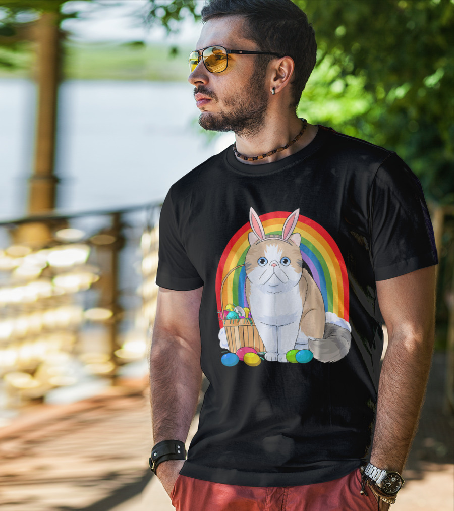 Exotic Shorthair Cat Bunny With Easter Eggs In Front Of Rainbow T-Shirt