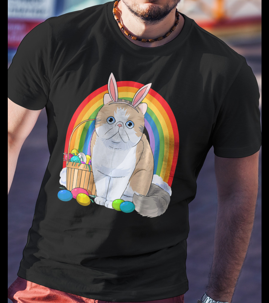 Exotic Shorthair Cat Bunny With Easter Eggs In Front Of Rainbow T-Shirt