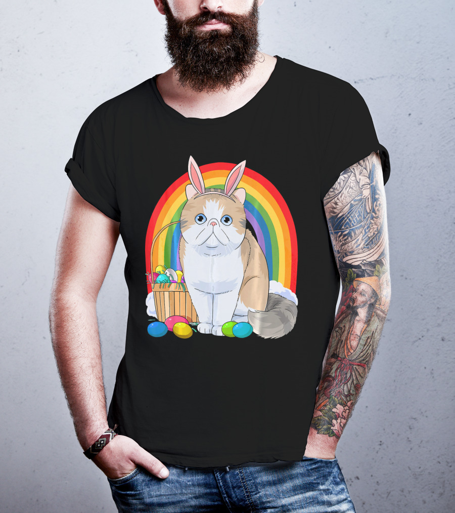 Exotic Shorthair Cat Bunny With Easter Eggs In Front Of Rainbow T-Shirt