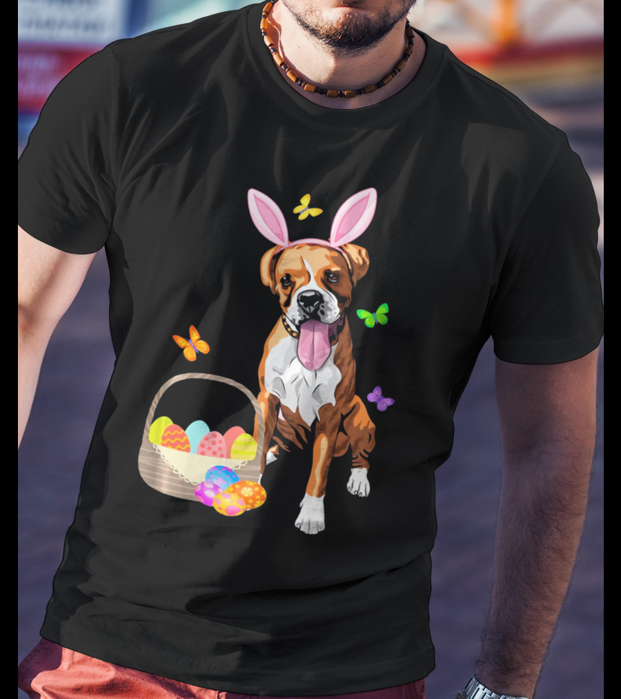 Girls Happy Easter Bunny Boxer Dog With Easter Eggs And Butterflies T-Shirt