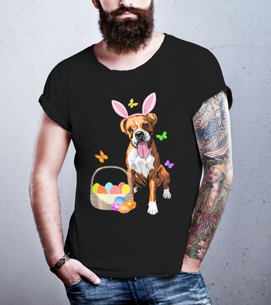 Girls Happy Easter Bunny Boxer Dog With Easter Eggs And Butterflies T-Shirt