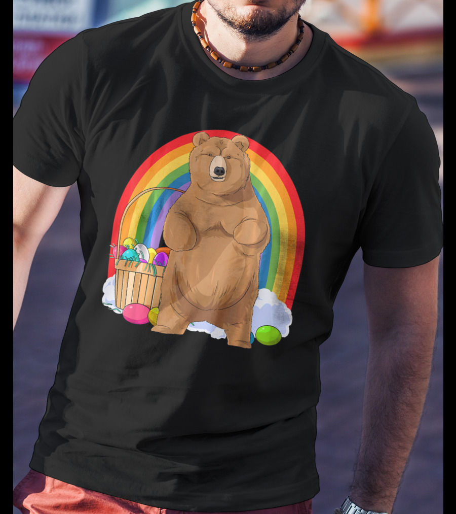 Bear With Easter Egg Basket And Rainbow Background T-Shirt
