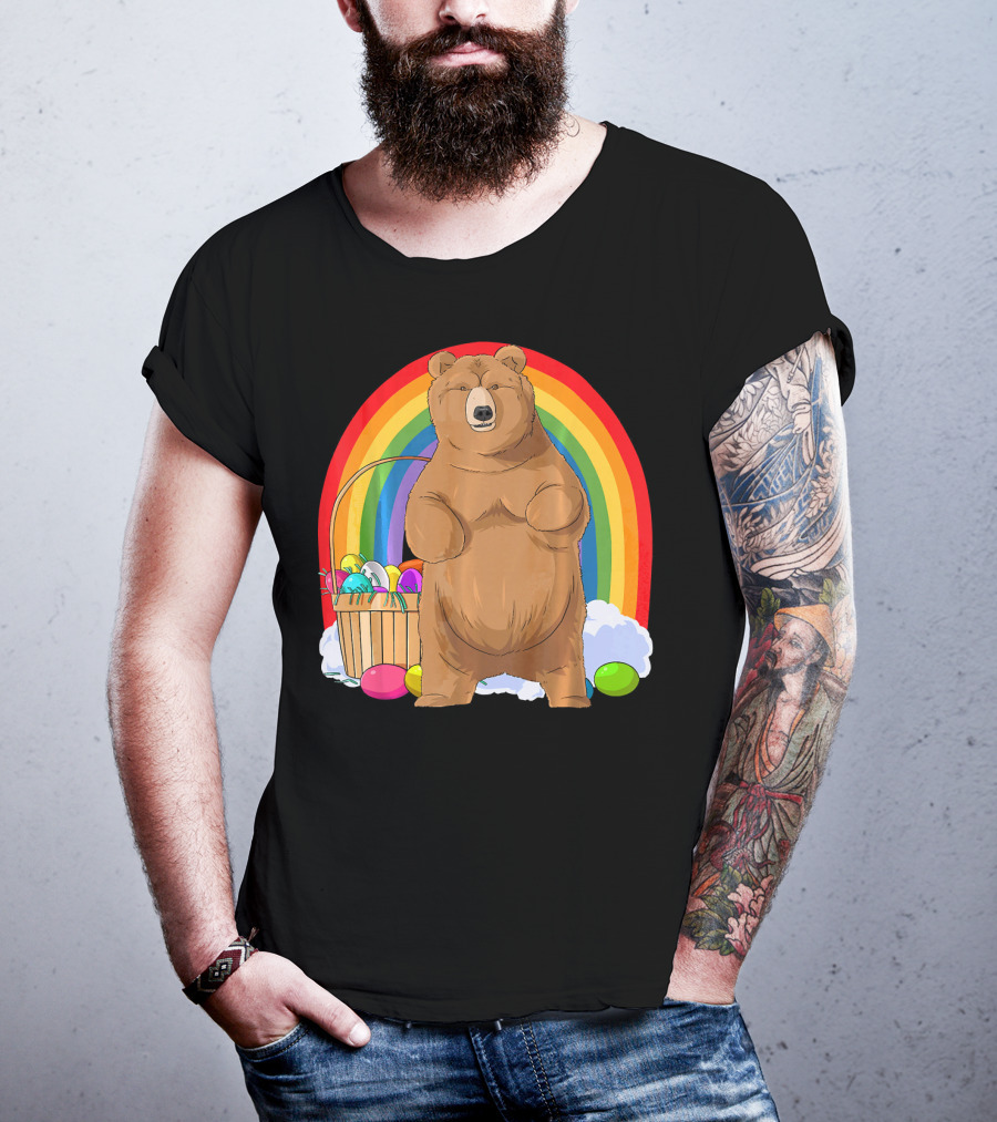 Bear With Easter Egg Basket And Rainbow Background T-Shirt