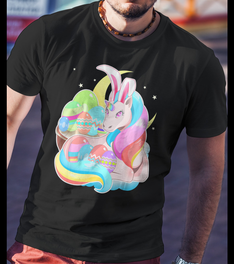 Unicorn Easter Bunny Ears Holiday Pastel Eggs And Moon Stars T-Shirt