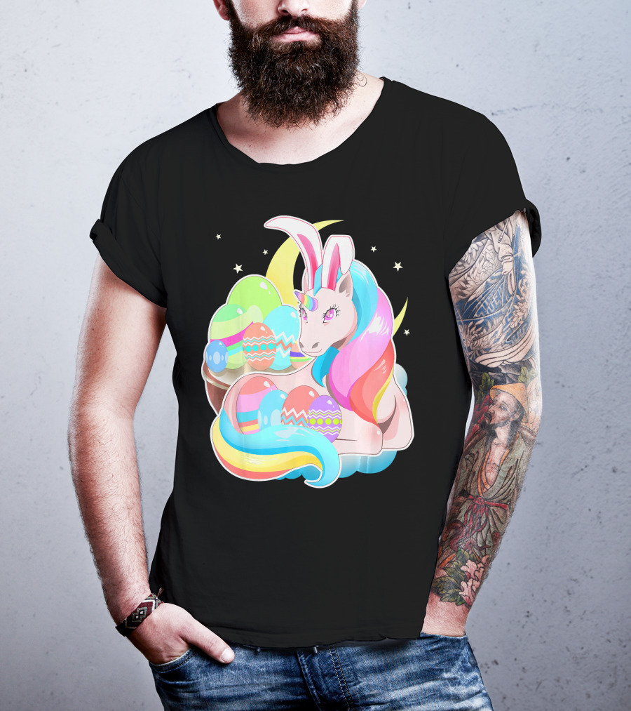 Unicorn Easter Bunny Ears Holiday Pastel Eggs And Moon Stars T-Shirt