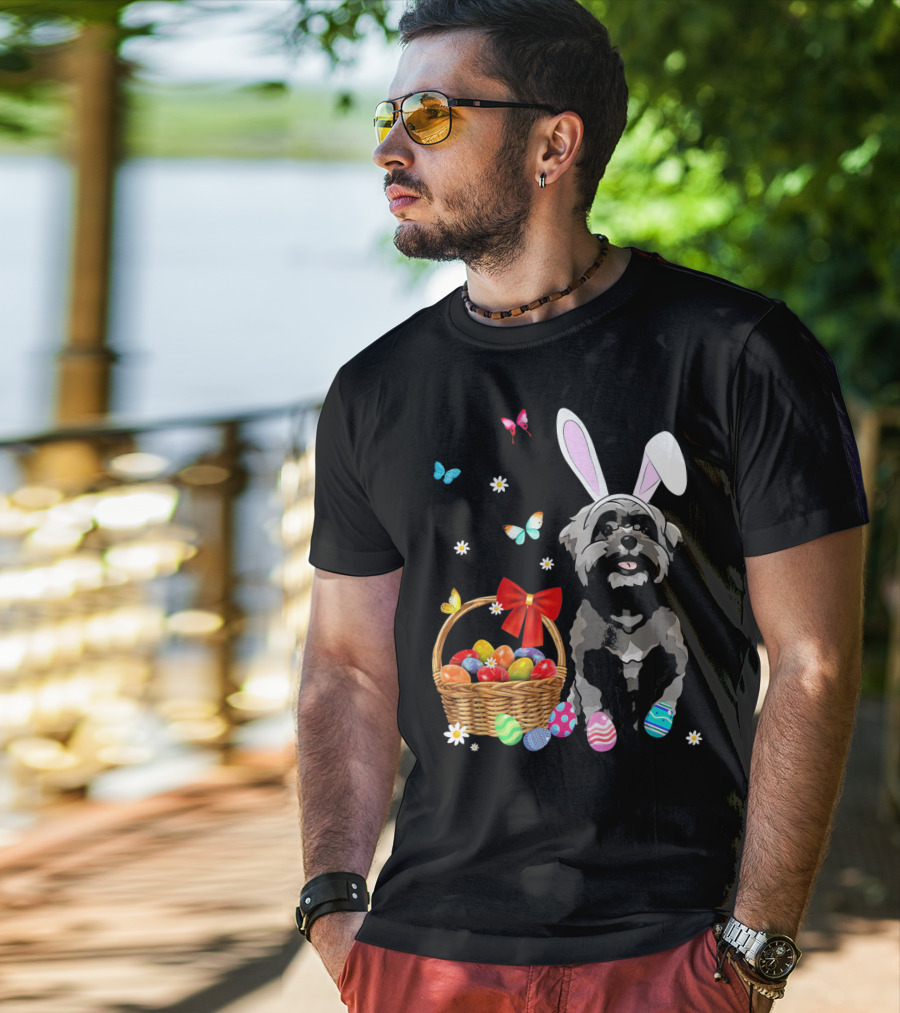 Shih Tzu With Bunny Ears And Easter Egg Basket With Butterflies And Flowers T-Shirt