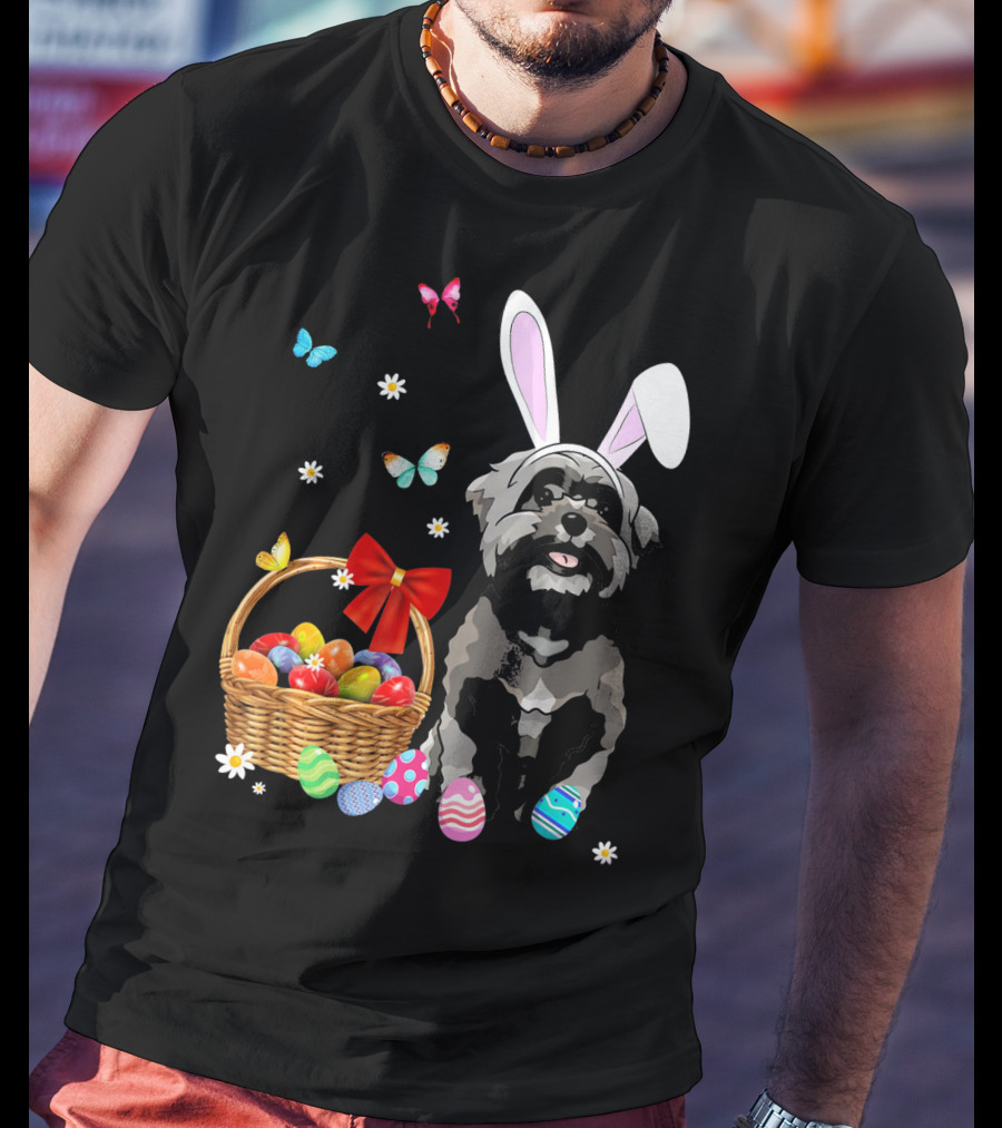 Shih Tzu With Bunny Ears And Easter Egg Basket With Butterflies And Flowers T-Shirt