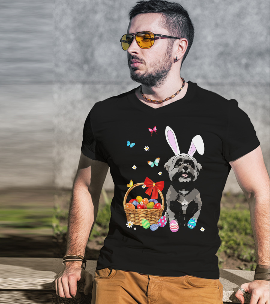 Shih Tzu With Bunny Ears And Easter Egg Basket With Butterflies And Flowers T-Shirt