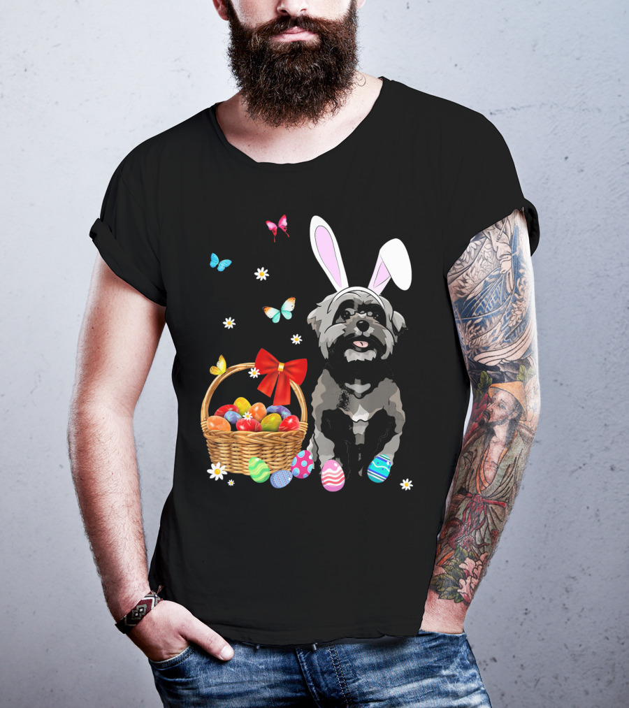 Shih Tzu With Bunny Ears And Easter Egg Basket With Butterflies And Flowers T-Shirt