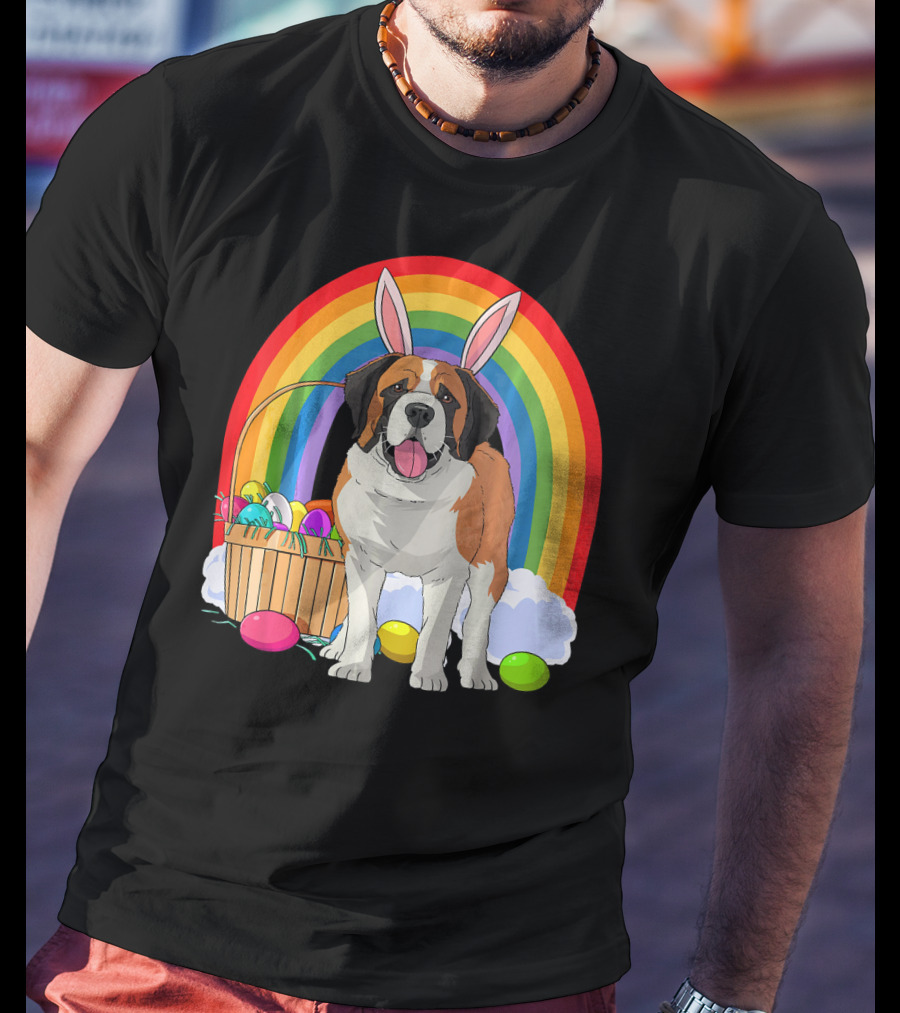 Saint Bernard Bunny Dog With Easter Eggs And Rainbow T-Shirt