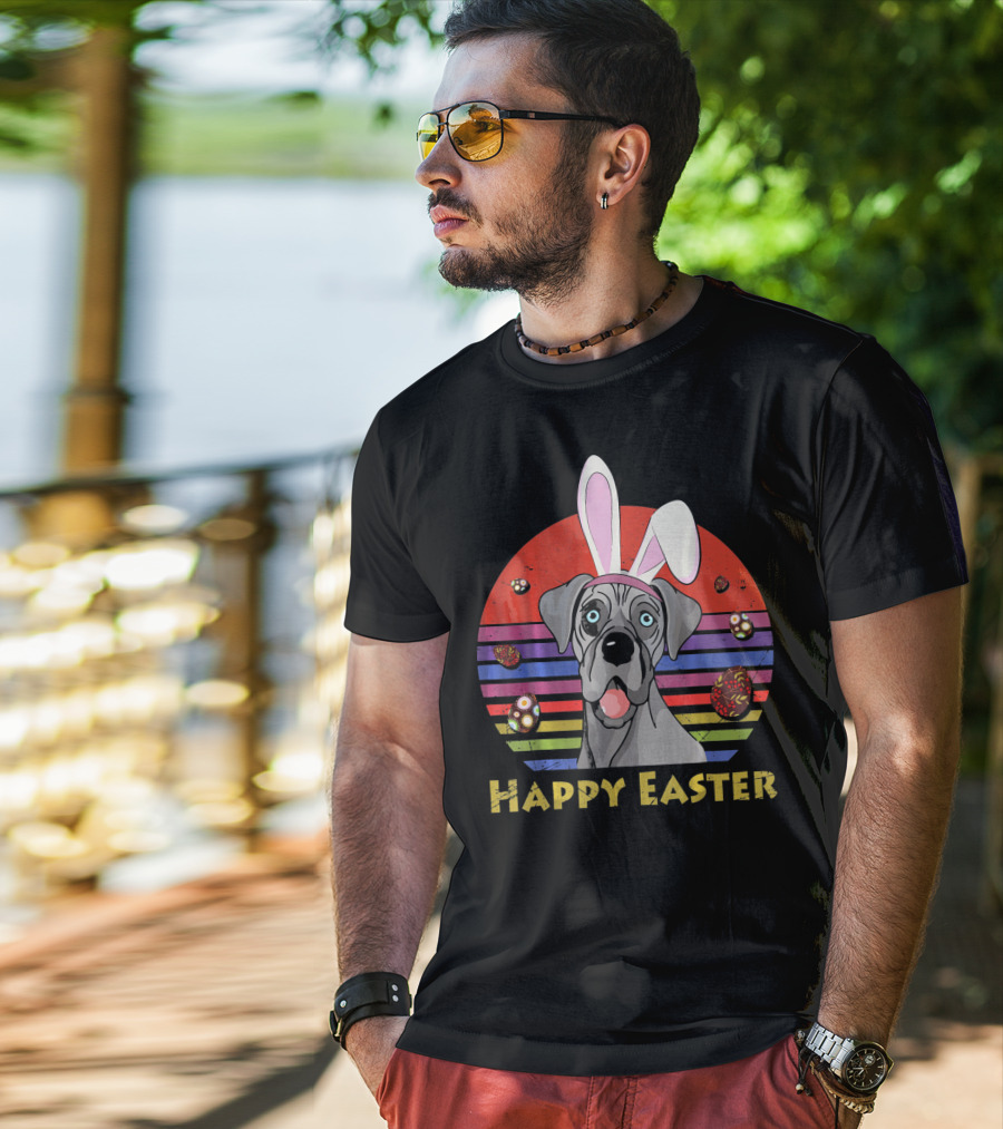 Great Dane With Bunny Headband Happy Easter Stripes And Eggs T-Shirt