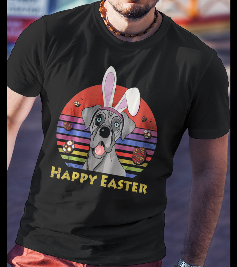 Great Dane With Bunny Headband Happy Easter Stripes And Eggs T-Shirt
