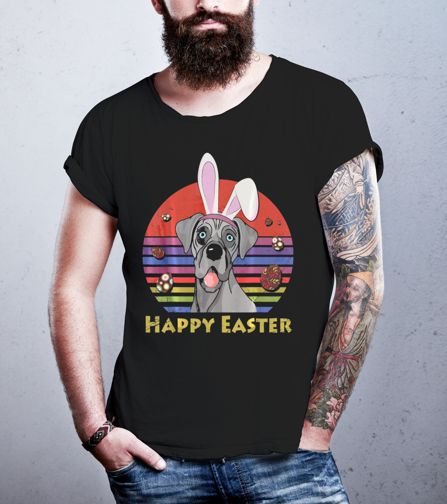 Great Dane With Bunny Headband Happy Easter Stripes And Eggs T-Shirt