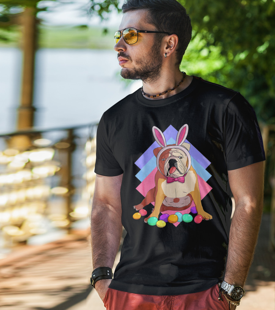 Easter Eggs Bulldog With Bunny Ears And Bowtie T-Shirt