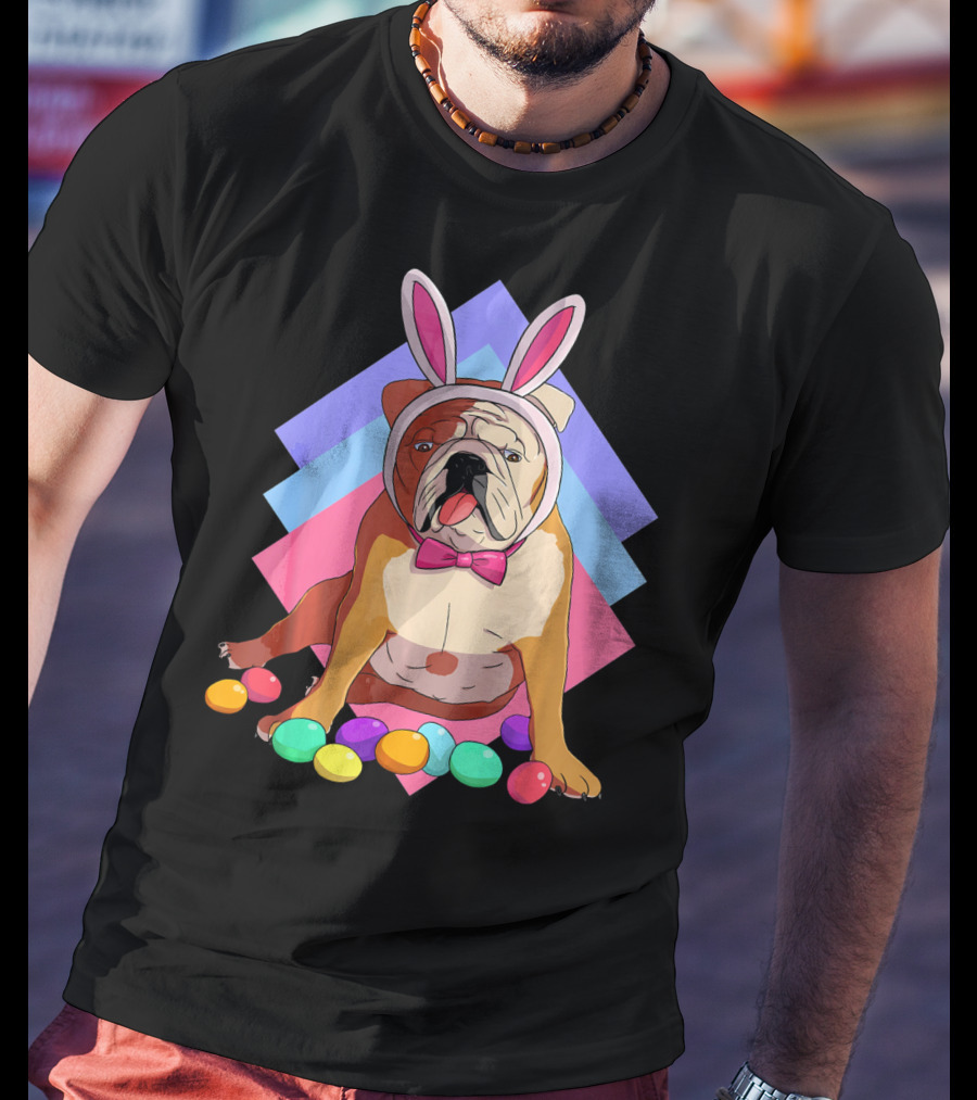 Easter Eggs Bulldog With Bunny Ears And Bowtie T-Shirt