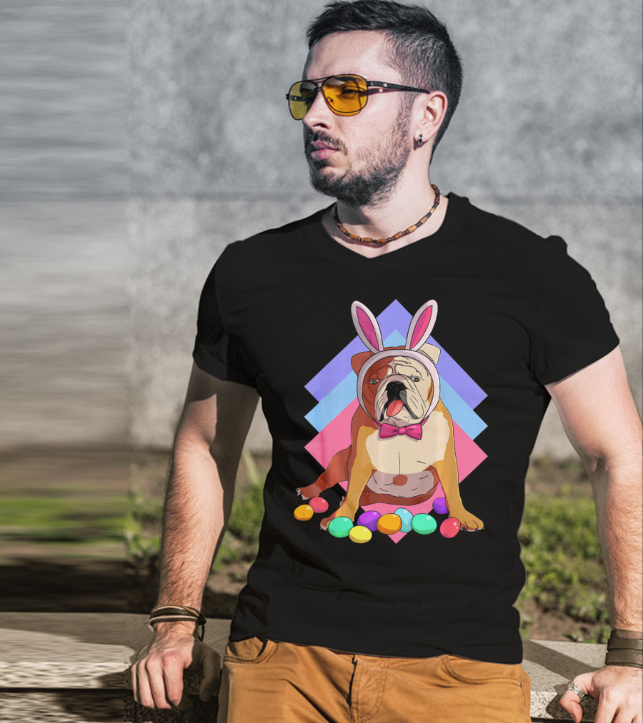 Easter Eggs Bulldog With Bunny Ears And Bowtie T-Shirt