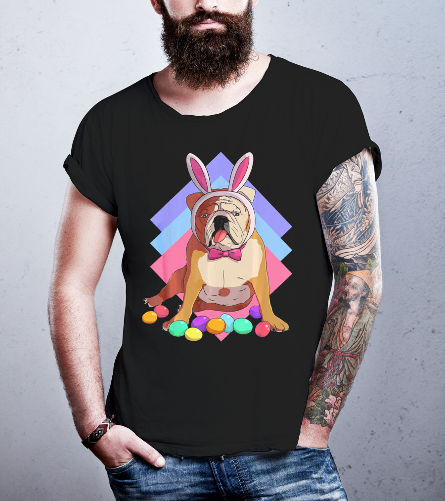 Easter Eggs Bulldog With Bunny Ears And Bowtie T-Shirt