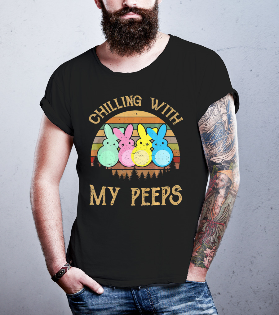 Chilling With My Peeps Vintage Easter Bun Bunnies Retro Sunset Stripes T-Shirt