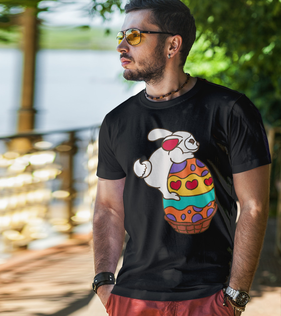 Easter Bunny Hugging Colorful Heart Patterned Egg T-Shirt