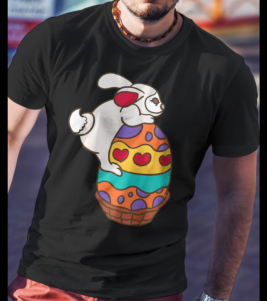 Easter Bunny Hugging Colorful Heart Patterned Egg T-Shirt